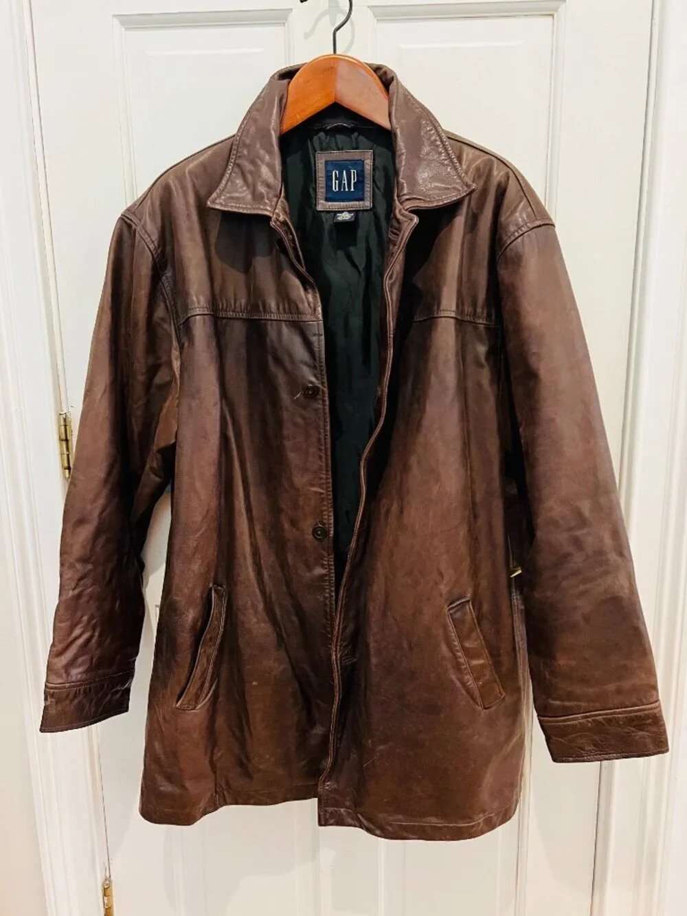 Gap Vintage Distressed Men’s Brown Leather Car Coat Jacket Button-Down Y2K